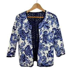 Coldwater Creek Reversible Eyelet Floral Open Front Jacket Navy/White 14 NWOT